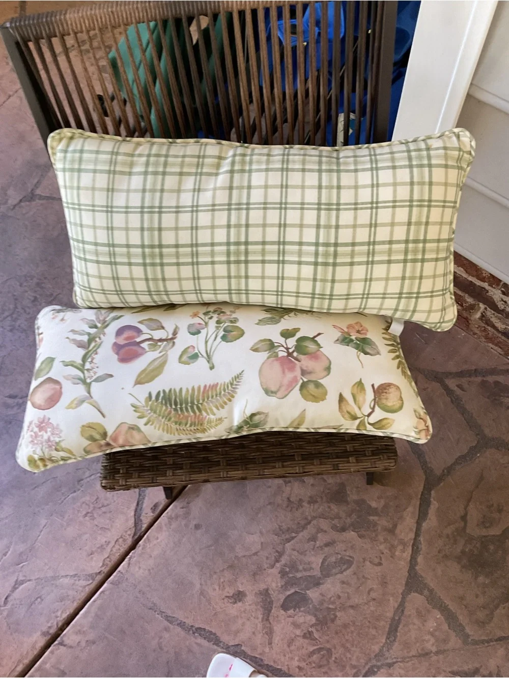 Two Green Plaid and Floral Reversible Accent Lumbar Pillows